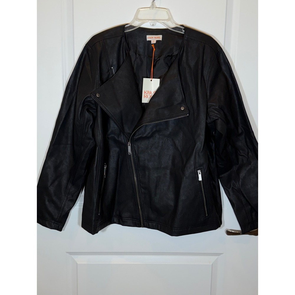 Knox Rose Womens Black Faux Leather Moto Jacket Asymmetrical Zip 1X New biker